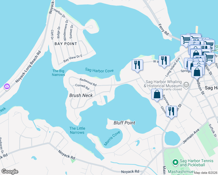 map of restaurants, bars, coffee shops, grocery stores, and more near 57 Redwood Road in Sag Harbor