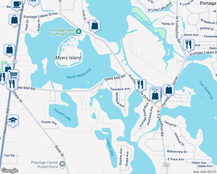 map of restaurants, bars, coffee shops, grocery stores, and more near 566 Saunders Avenue in Akron