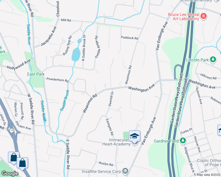 map of restaurants, bars, coffee shops, grocery stores, and more near 225 Wearimus Road in Ho-Ho-Kus
