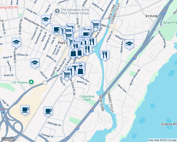 map of restaurants, bars, coffee shops, grocery stores, and more near 58 Townsend Street in Port Chester
