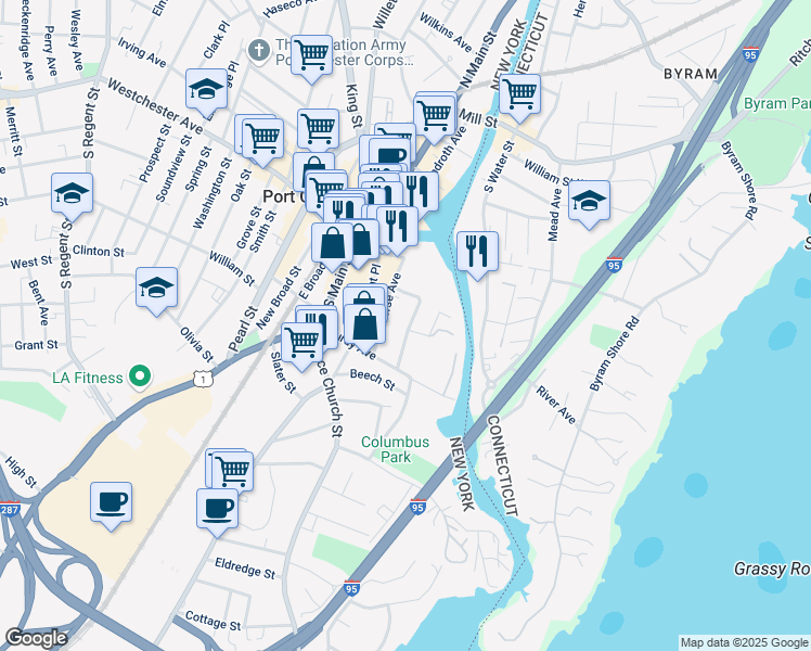 map of restaurants, bars, coffee shops, grocery stores, and more near 58 Townsend Street in Port Chester