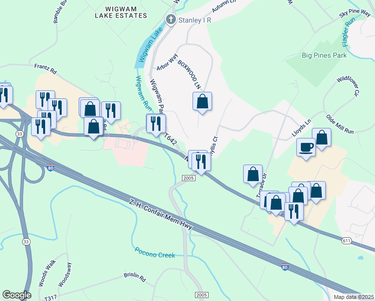 map of restaurants, bars, coffee shops, grocery stores, and more near 109 Pipher Lane in Stroudsburg
