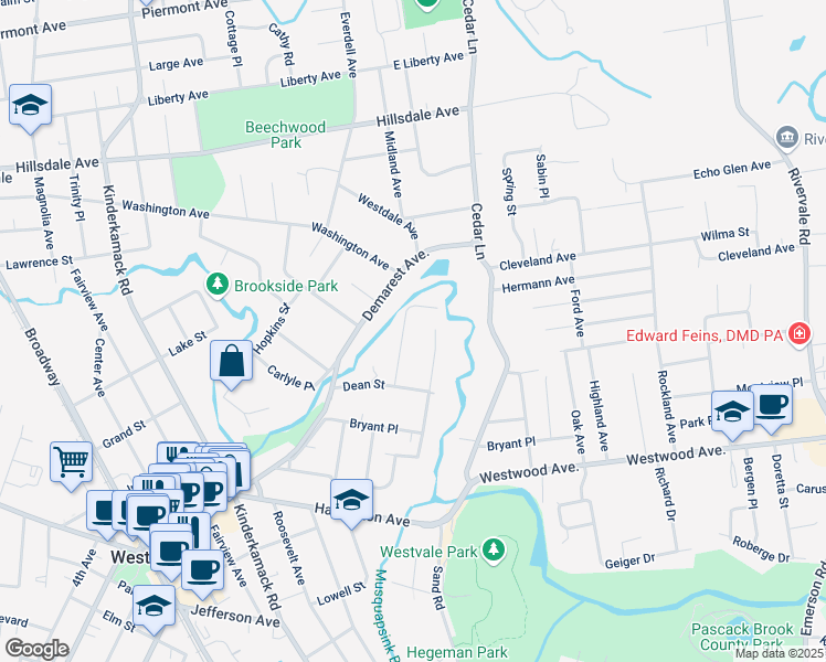 map of restaurants, bars, coffee shops, grocery stores, and more near 78 Lyons Place in Westwood