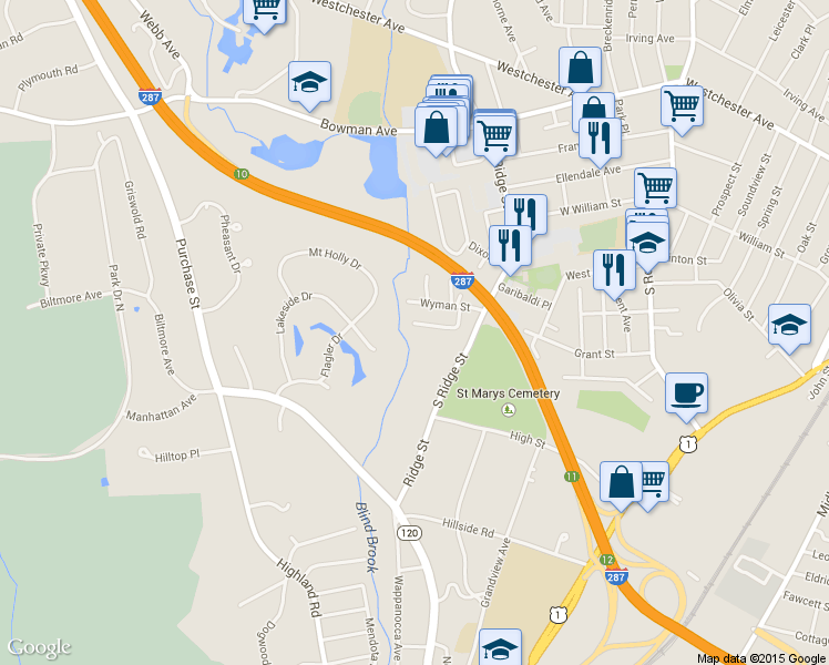 map of restaurants, bars, coffee shops, grocery stores, and more near 56 Brookridge Court in Rye Brook