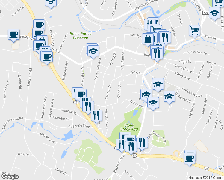 map of restaurants, bars, coffee shops, grocery stores, and more near 28 Center Street in Butler