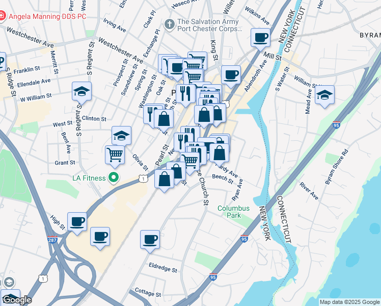 map of restaurants, bars, coffee shops, grocery stores, and more near 194 South Main Street in Port Chester