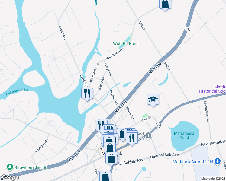map of restaurants, bars, coffee shops, grocery stores, and more near 540 Conklin Road in Mattituck