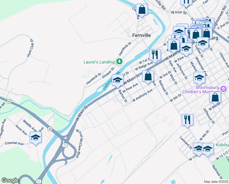 map of restaurants, bars, coffee shops, grocery stores, and more near 620622 West Main Street in Bloomsburg