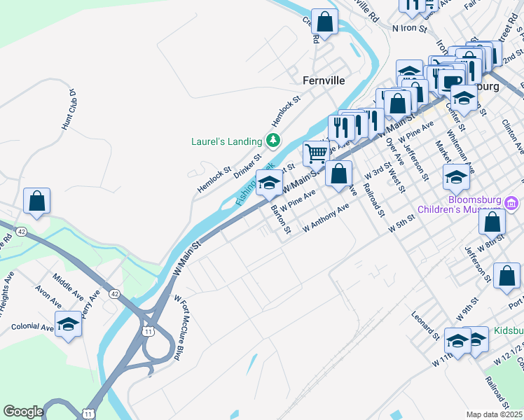 map of restaurants, bars, coffee shops, grocery stores, and more near 620622 West Main Street in Bloomsburg