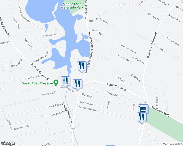map of restaurants, bars, coffee shops, grocery stores, and more near 6 Karlsruhe Cross Highway in East Hampton