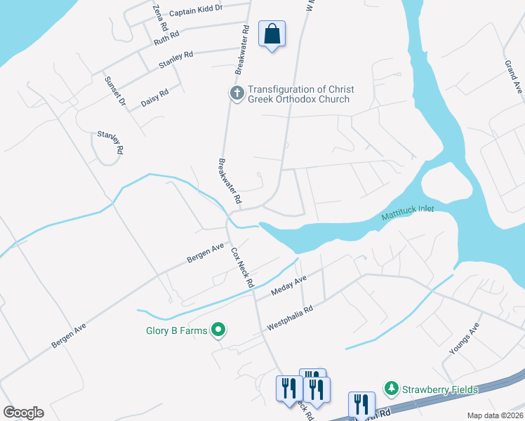 map of restaurants, bars, coffee shops, grocery stores, and more near 298 West Mill Road in Flanders