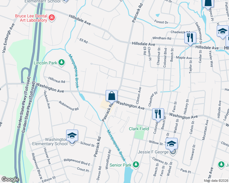 map of restaurants, bars, coffee shops, grocery stores, and more near 674 Pascack Road in Westwood