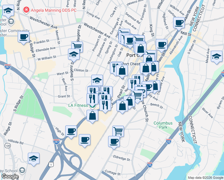 map of restaurants, bars, coffee shops, grocery stores, and more near 141 Smith Street in Port Chester