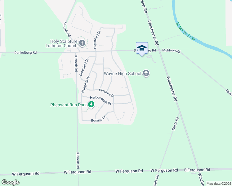 map of restaurants, bars, coffee shops, grocery stores, and more near 612 Pinetree Drive in Fort Wayne