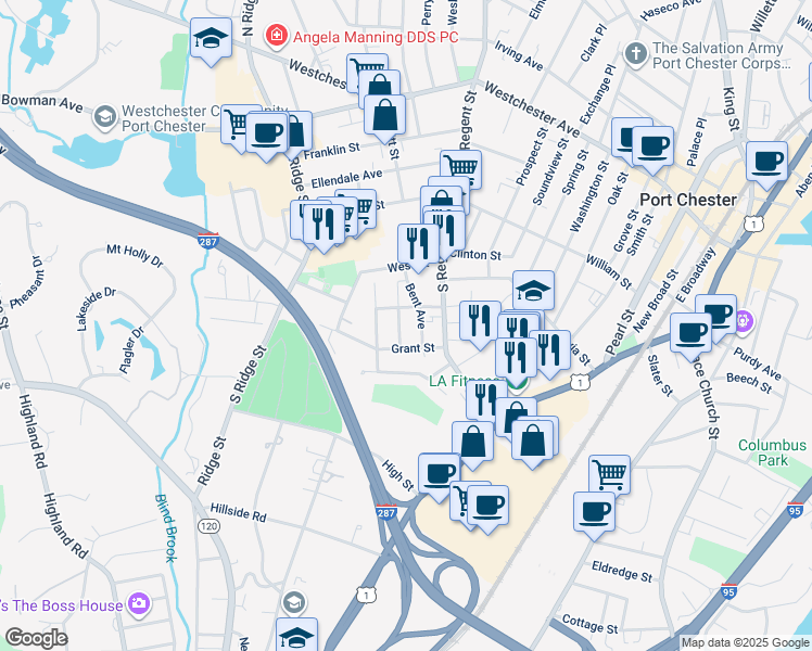 map of restaurants, bars, coffee shops, grocery stores, and more near 87 Inwood Avenue in Port Chester