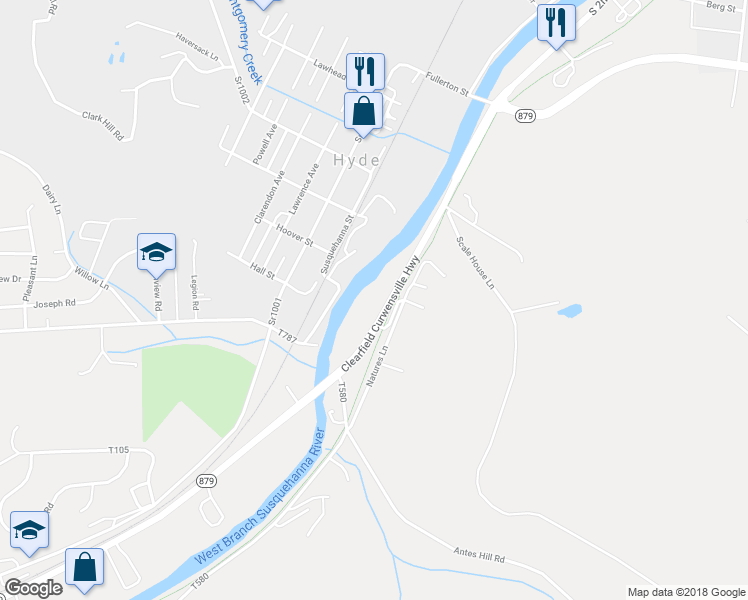 map of restaurants, bars, coffee shops, grocery stores, and more near 9809 Clearfield Curwensville Highway in Clearfield