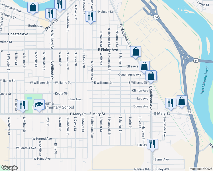 map of restaurants, bars, coffee shops, grocery stores, and more near 608 East Williams Street in Ottumwa