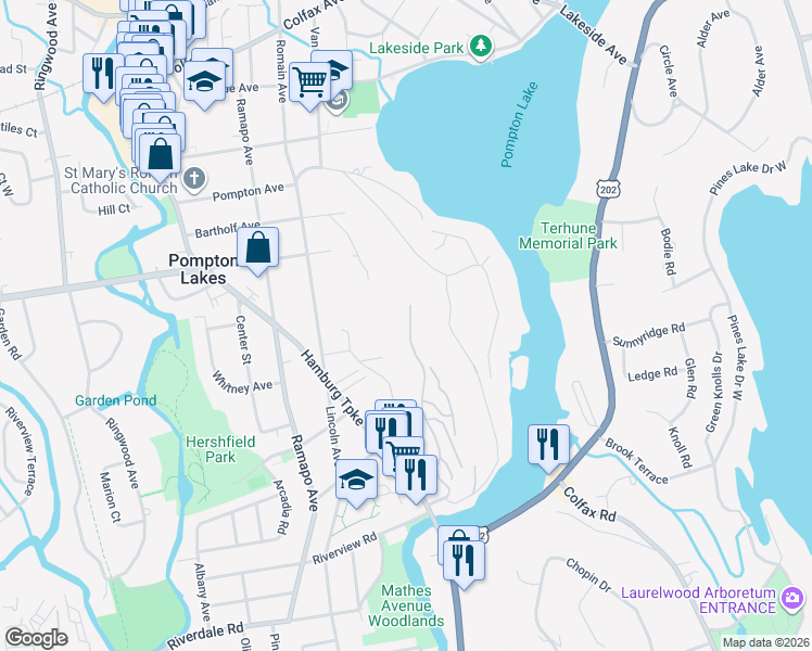 map of restaurants, bars, coffee shops, grocery stores, and more near 221 Ridge Drive in Pompton Lakes