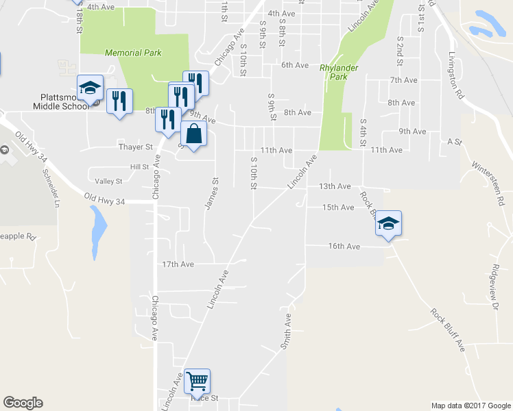 map of restaurants, bars, coffee shops, grocery stores, and more near 1313 South 10th Street in Plattsmouth