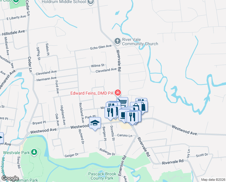 map of restaurants, bars, coffee shops, grocery stores, and more near 622 Sloat Place in River Vale