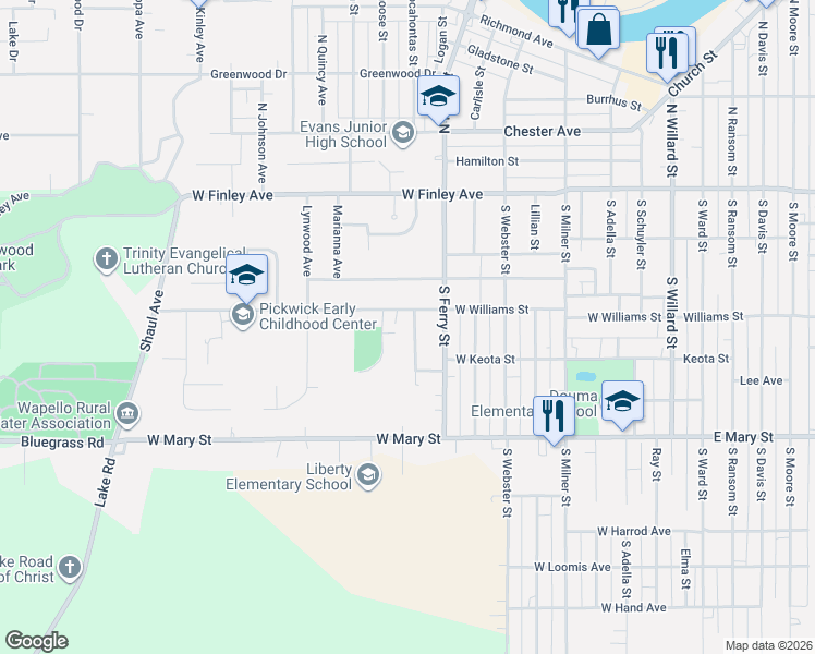 map of restaurants, bars, coffee shops, grocery stores, and more near 410 South Pocahontas Street in Ottumwa