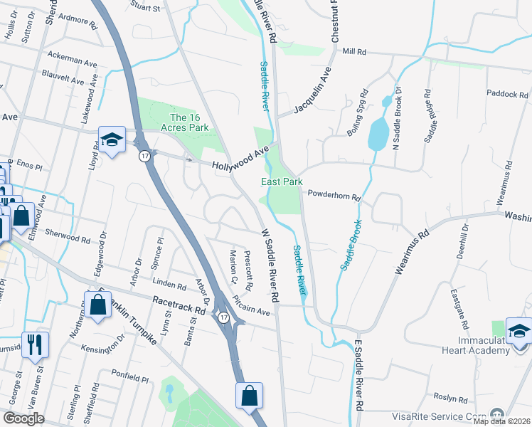 map of restaurants, bars, coffee shops, grocery stores, and more near 743 W Saddle River Rd in Ho-Ho-Kus