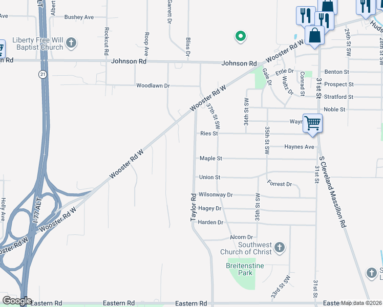 map of restaurants, bars, coffee shops, grocery stores, and more near 106 Taylor Road in Barberton