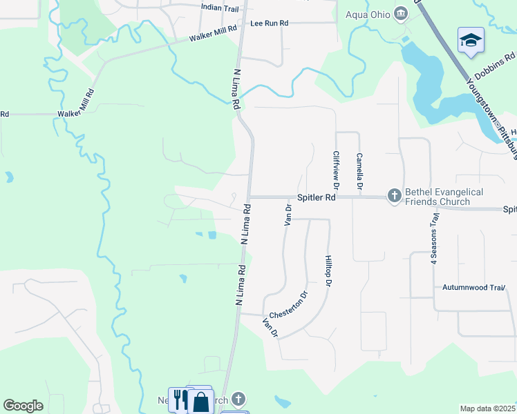 map of restaurants, bars, coffee shops, grocery stores, and more near 8243 North Lima Road in Youngstown