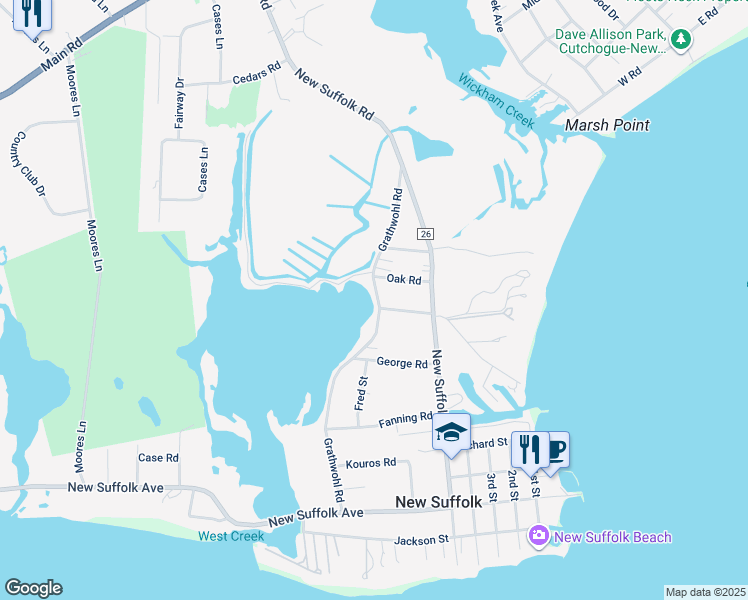 map of restaurants, bars, coffee shops, grocery stores, and more near 2585 Grathwohl Road in New Suffolk