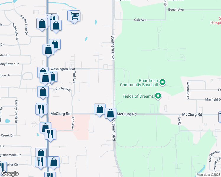 map of restaurants, bars, coffee shops, grocery stores, and more near 8280 Southern Boulevard in Youngstown