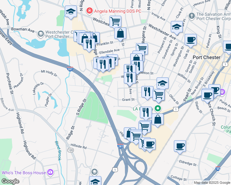 map of restaurants, bars, coffee shops, grocery stores, and more near 78 Grandview Avenue in Port Chester