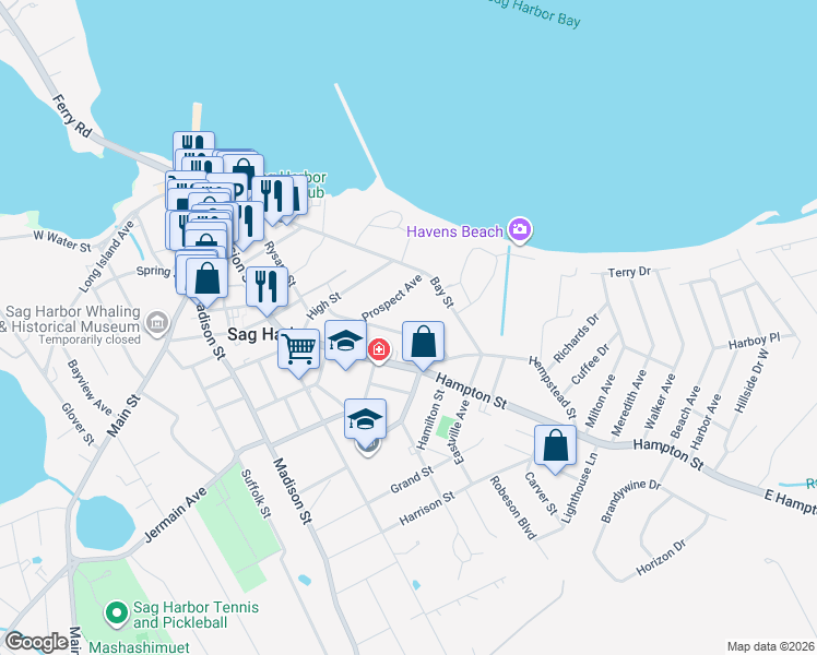 map of restaurants, bars, coffee shops, grocery stores, and more near 91 Franklin Avenue in Sag Harbor