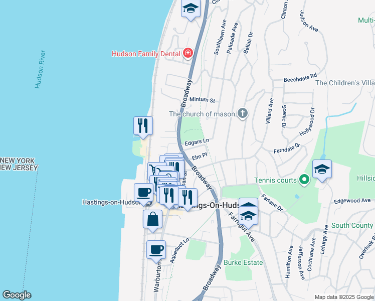 map of restaurants, bars, coffee shops, grocery stores, and more near 2 Fraser Place in Hastings-on-Hudson