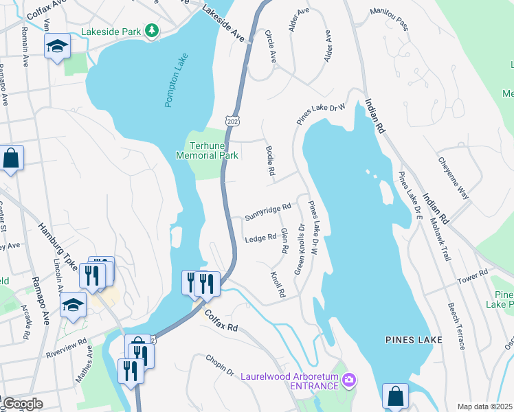 map of restaurants, bars, coffee shops, grocery stores, and more near 21 Sunny Ridge Road in Wayne