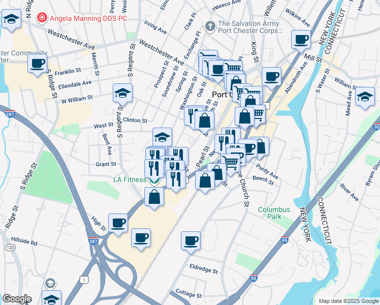 map of restaurants, bars, coffee shops, grocery stores, and more near 141 Smith Street in Port Chester