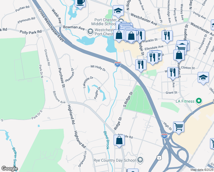 map of restaurants, bars, coffee shops, grocery stores, and more near 18 Lakeside Drive in Rye