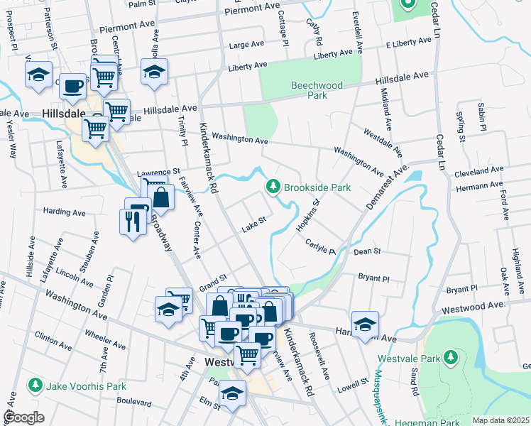 map of restaurants, bars, coffee shops, grocery stores, and more near 1 Brookside Ave in Westwood