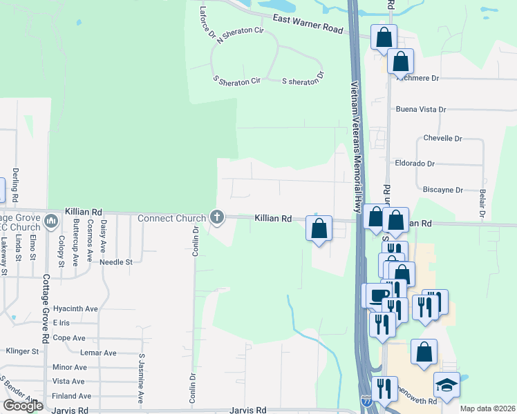 map of restaurants, bars, coffee shops, grocery stores, and more near 677 Killian Road in Akron