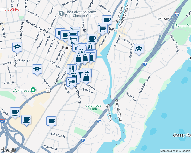 map of restaurants, bars, coffee shops, grocery stores, and more near 58 Townsend Street in Port Chester