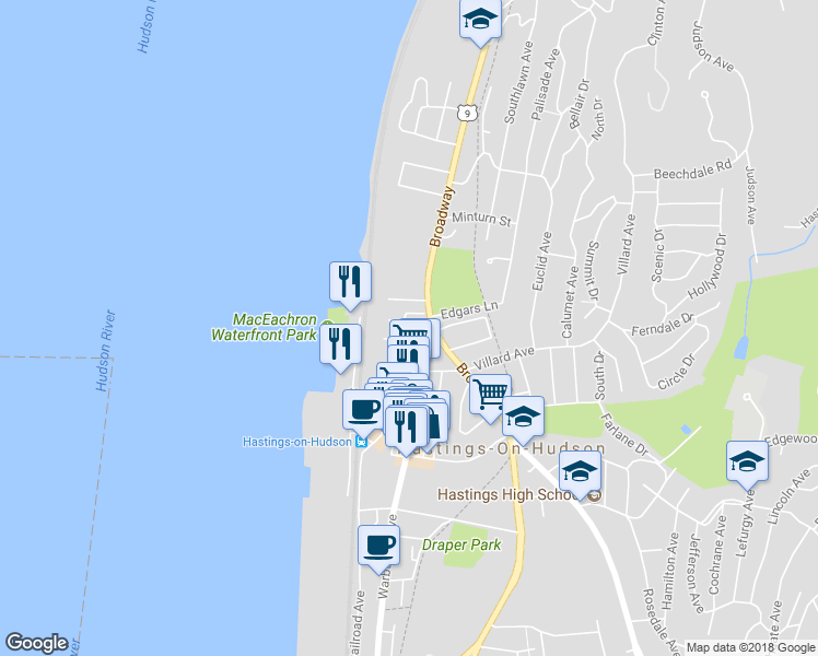 map of restaurants, bars, coffee shops, grocery stores, and more near 94 Maple Avenue in Hastings-on-Hudson