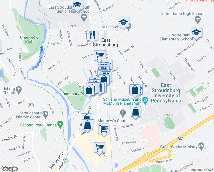 map of restaurants, bars, coffee shops, grocery stores, and more near 50 Crystal Street in East Stroudsburg