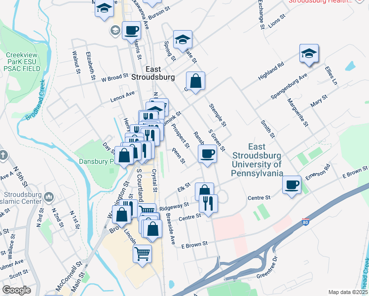 map of restaurants, bars, coffee shops, grocery stores, and more near 75 Prospect Street in East Stroudsburg