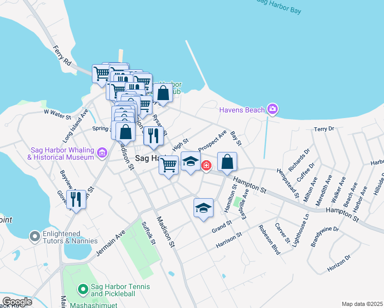 map of restaurants, bars, coffee shops, grocery stores, and more near 22 Franklin Avenue in Sag Harbor
