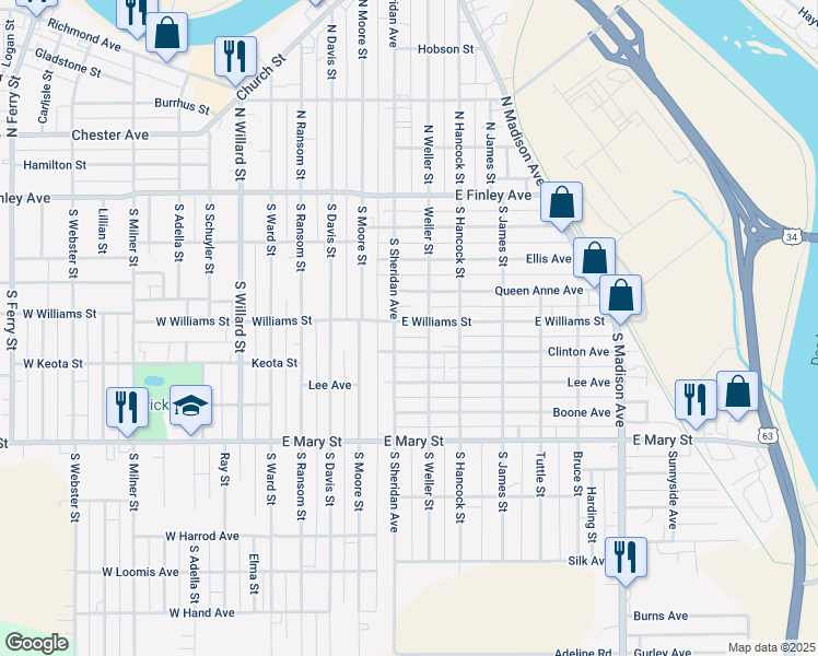 map of restaurants, bars, coffee shops, grocery stores, and more near 510 East Williams Street in Ottumwa