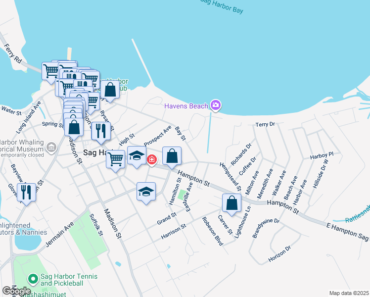 map of restaurants, bars, coffee shops, grocery stores, and more near 162 Bay Street in Sag Harbor