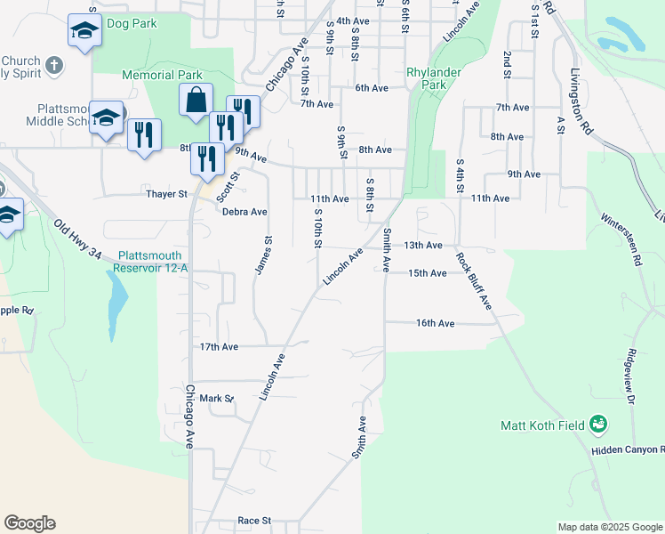 map of restaurants, bars, coffee shops, grocery stores, and more near 1313 South 10th Street in Plattsmouth