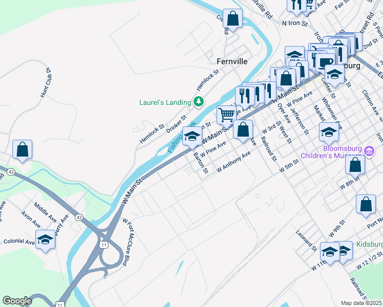 map of restaurants, bars, coffee shops, grocery stores, and more near 608 West Main Street in Bloomsburg
