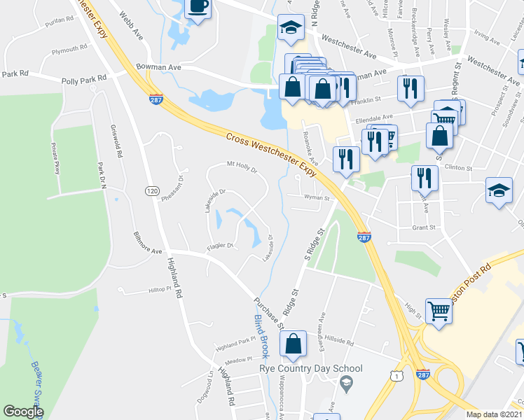 map of restaurants, bars, coffee shops, grocery stores, and more near 18 Lakeside Drive in Rye