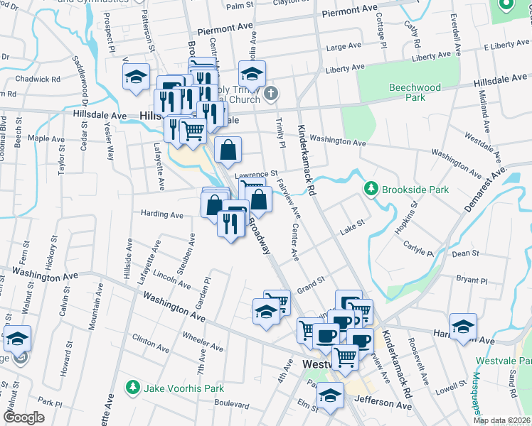map of restaurants, bars, coffee shops, grocery stores, and more near 711 Broadway in Westwood
