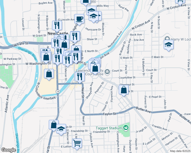map of restaurants, bars, coffee shops, grocery stores, and more near 368 1/2 East Washington Street in New Castle